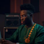 Young producer in a green African dashiki at a computer in a warm-lit recording studio.