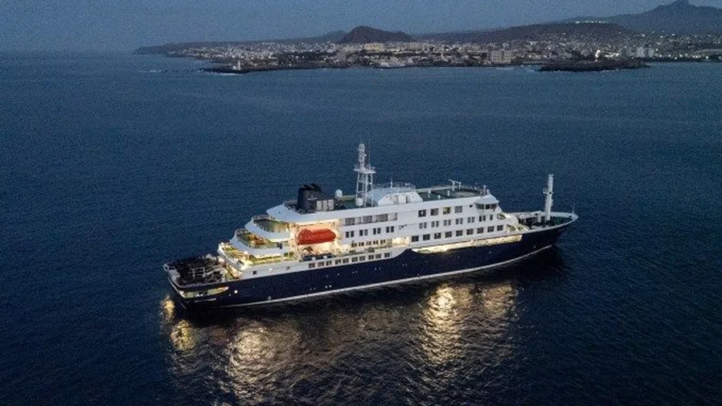 A general view of the cruise ship MV Hondius, while stationary off the port of Praia, the capital of Cape Verde, on May 6, 2026. Two…