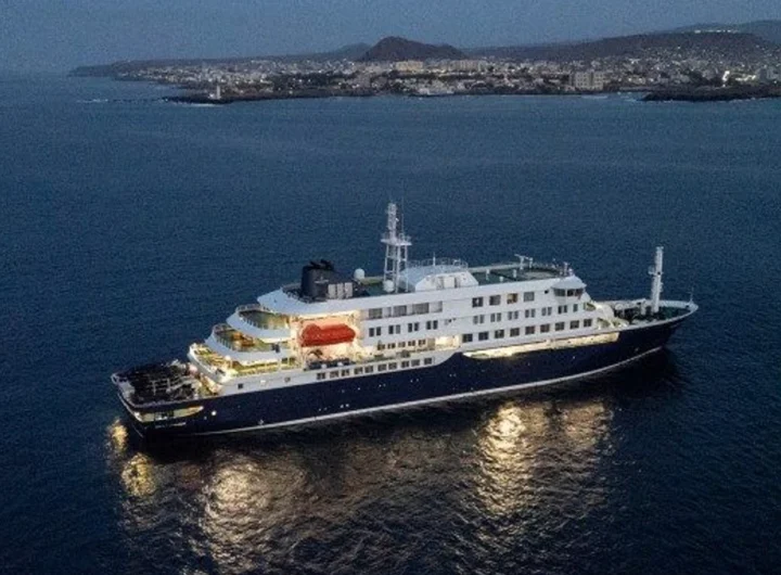 A general view of the cruise ship MV Hondius, while stationary off the port of Praia, the capital of Cape Verde, on May 6, 2026. Two…