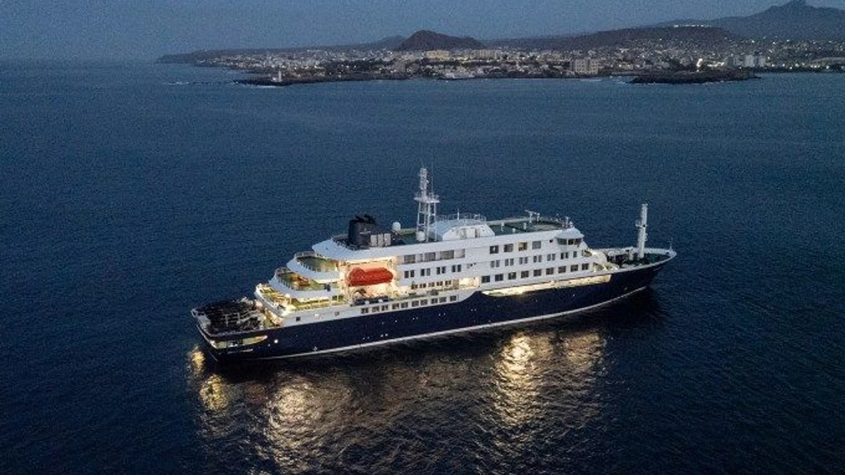 A general view of the cruise ship MV Hondius, while stationary off the port of Praia, the capital of Cape Verde, on May 6, 2026. Two…