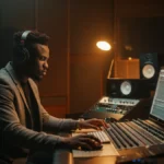 A young African music producer at a mixing console in a modern, warmly lit recording studio.