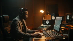 A young African music producer at a mixing console in a modern, warmly lit recording studio.