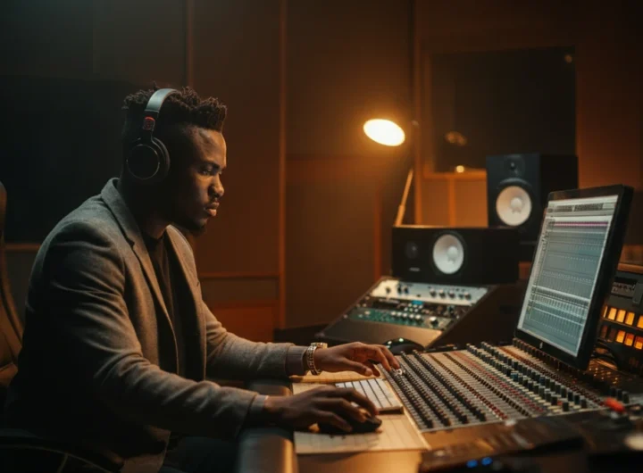 A young African music producer at a mixing console in a modern, warmly lit recording studio.