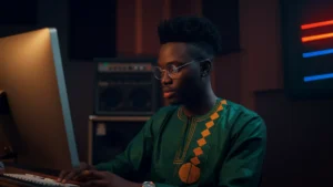 Young producer in a green African dashiki at a computer in a warm-lit recording studio.