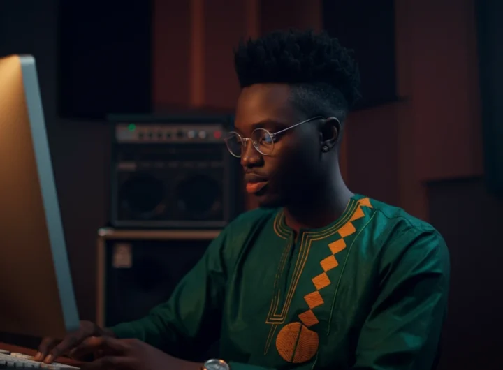 Young producer in a green African dashiki at a computer in a warm-lit recording studio.