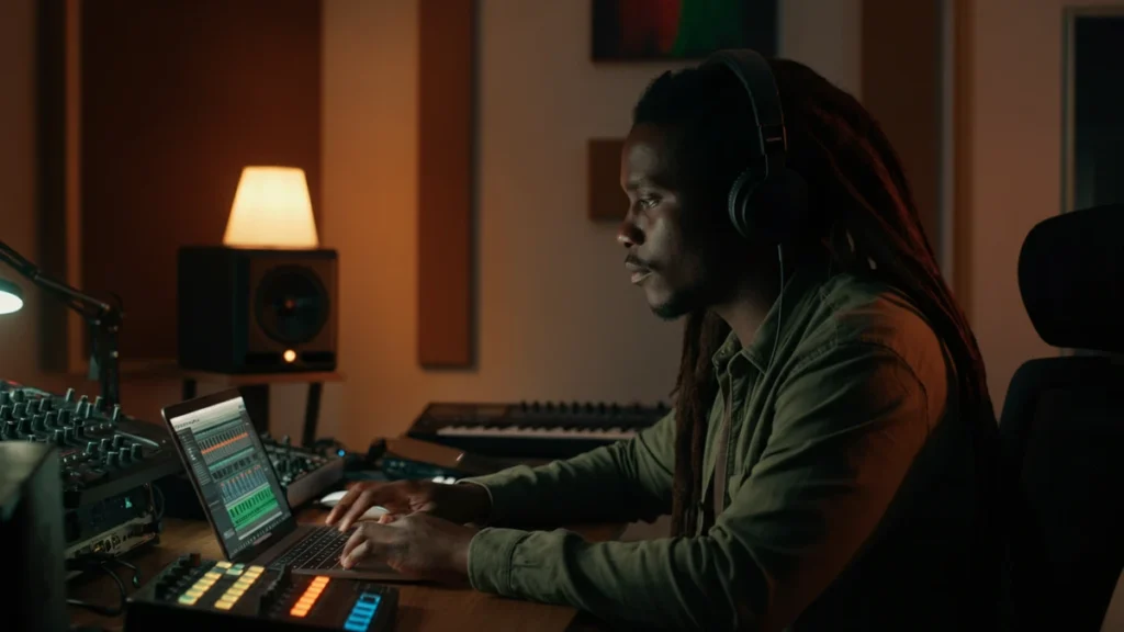 A young reggae producer works on a laptop in a warmly lit home recording studio.