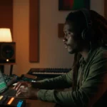 A young reggae producer works on a laptop in a warmly lit home recording studio.