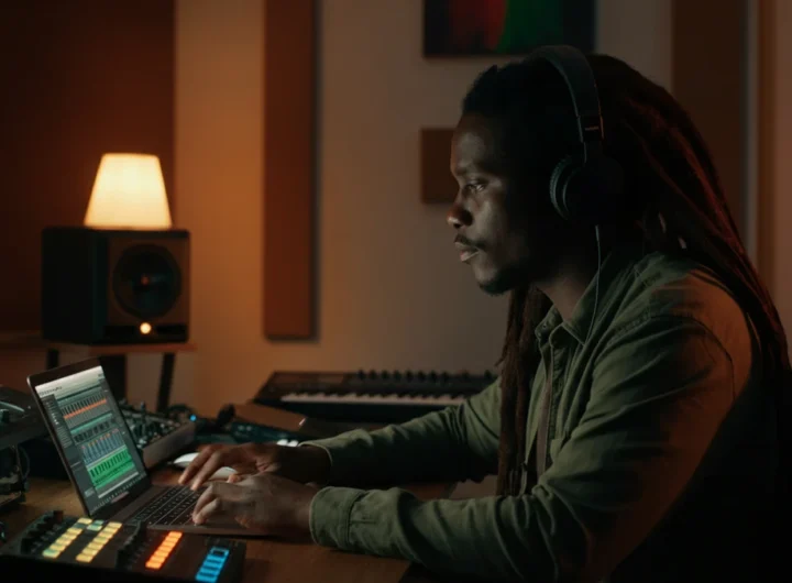 A young reggae producer works on a laptop in a warmly lit home recording studio.